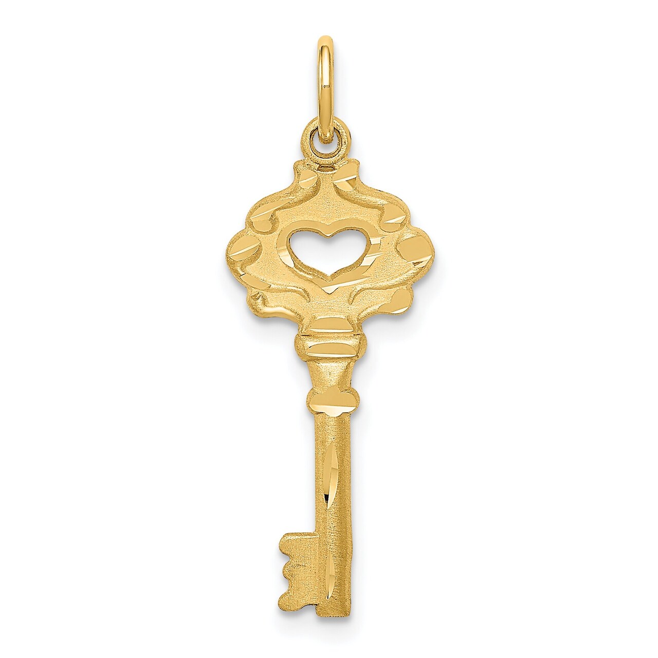 14K Yellow Gold Heart Skeleton Key Charm Love Pendant Jewerly 31mm x 10mm